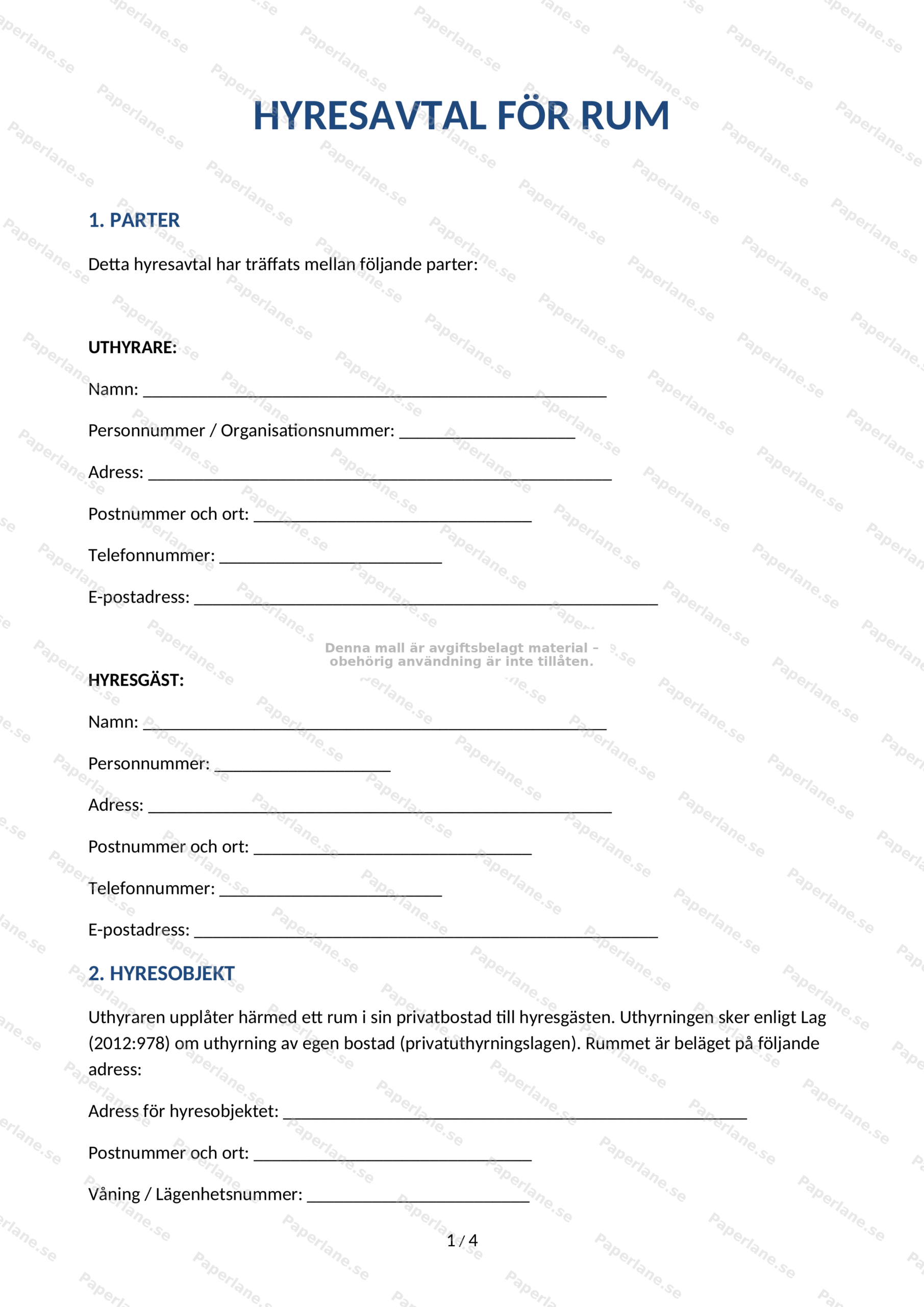 Första sidan av hyresavtal för ett rum på A4-papper, skannad bild