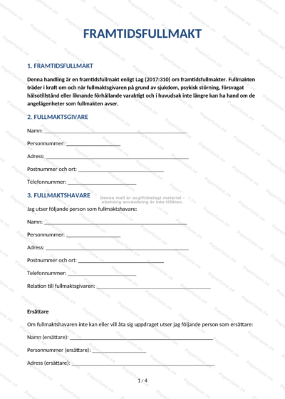 Första sidan av A4-intressebevakningsfullmakt, formulär med textfält och underskriftsruta