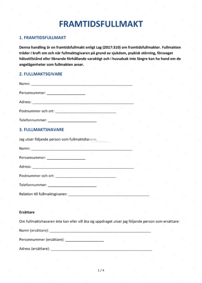 Första sidan av A4-intressebevakningsfullmakt, formulär med textfält och underskriftsruta