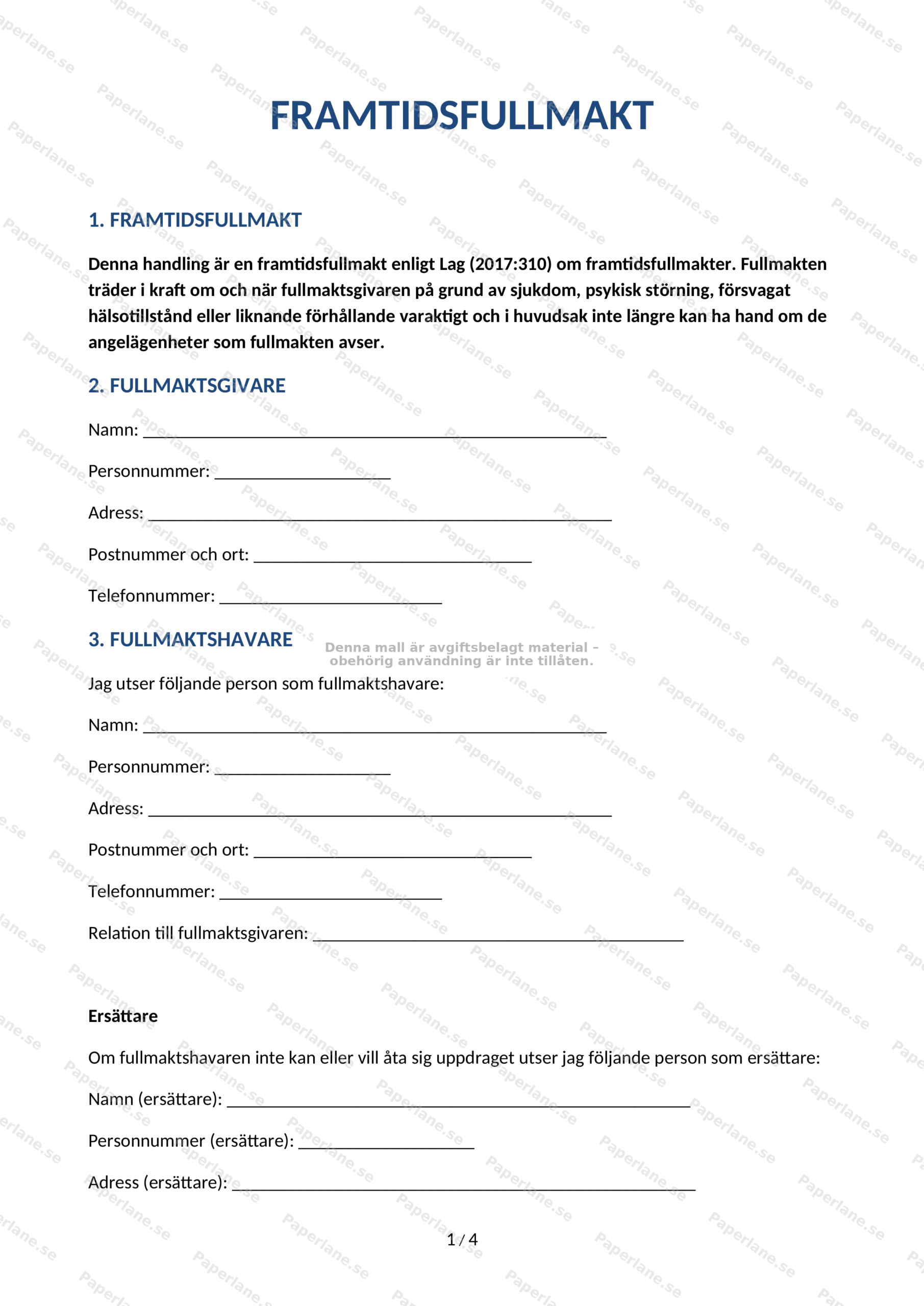 Första sidan av A4-intressebevakningsfullmakt, formulär med textfält och underskriftsruta