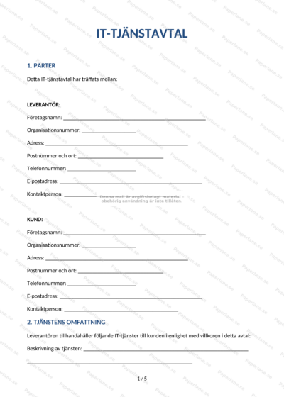 Första sidan av ett IT-tjänstavtal i A4-format med rubrik och löpande paragraftext