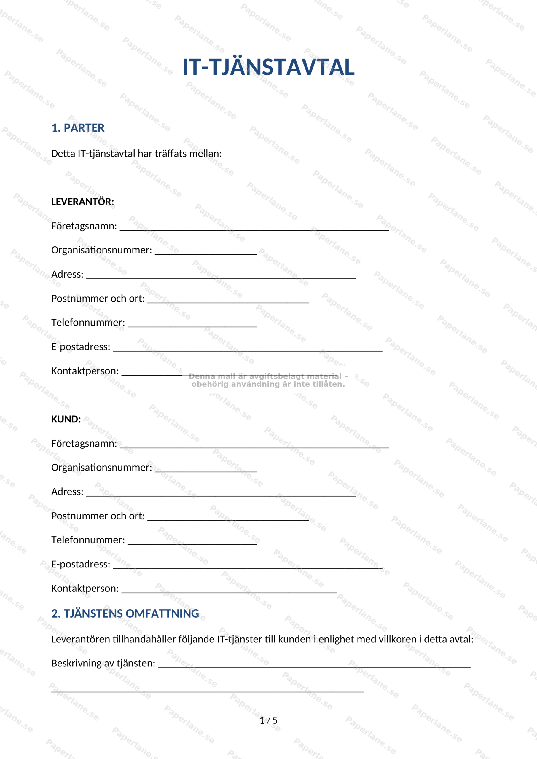 Första sidan av ett IT-tjänstavtal i A4-format med rubrik och löpande paragraftext