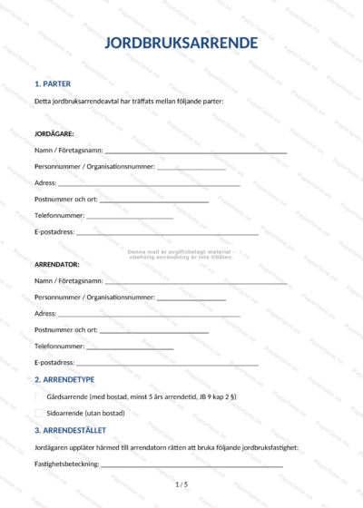 Första sidan av ett jordbruksarrendeavtal i A4-format med rubrik, textblock och plats för underskrift