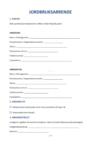 Första sidan av ett jordbruksarrendeavtal i A4-format med rubrik, textblock och plats för underskrift