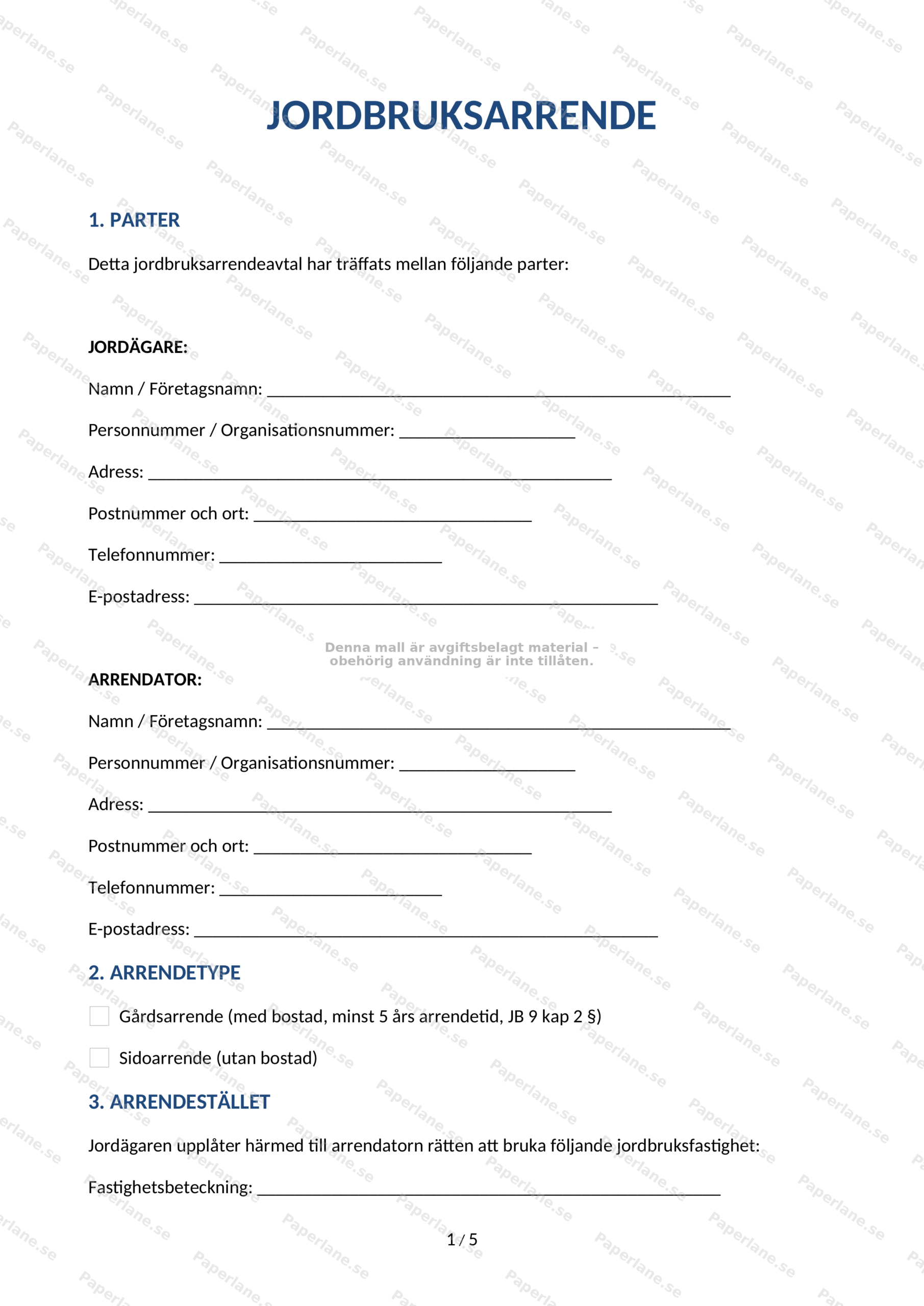Första sidan av ett jordbruksarrendeavtal i A4-format med rubrik, textblock och plats för underskrift