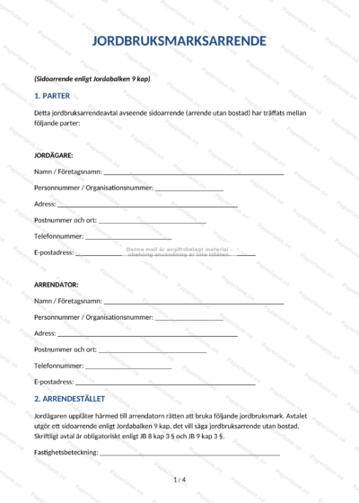Första sidan av ett A4-avtal om jordbruksmarksarrende med rubrik och avtalstext