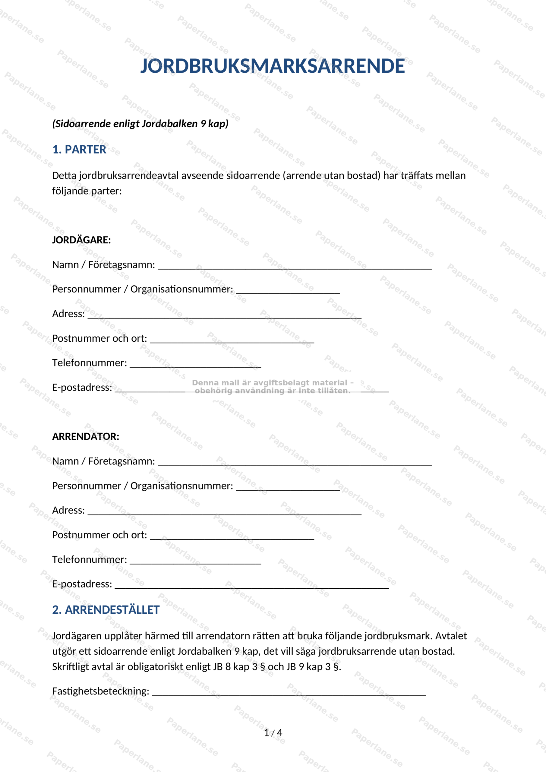 Första sidan av ett A4-avtal om jordbruksmarksarrende med rubrik och avtalstext
