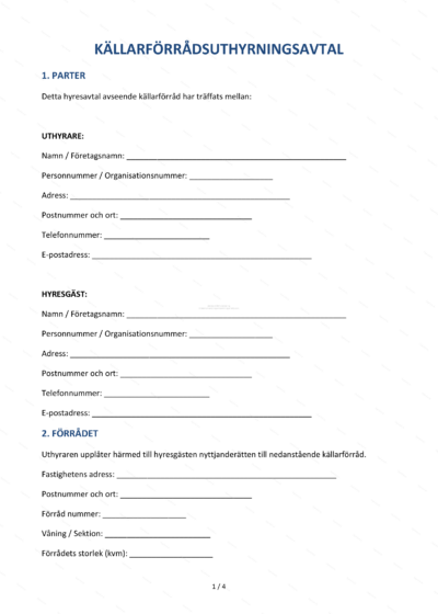 Första sidan av A4-uthyrningsavtal för källarförråd, formellt dokument med rubriker och text