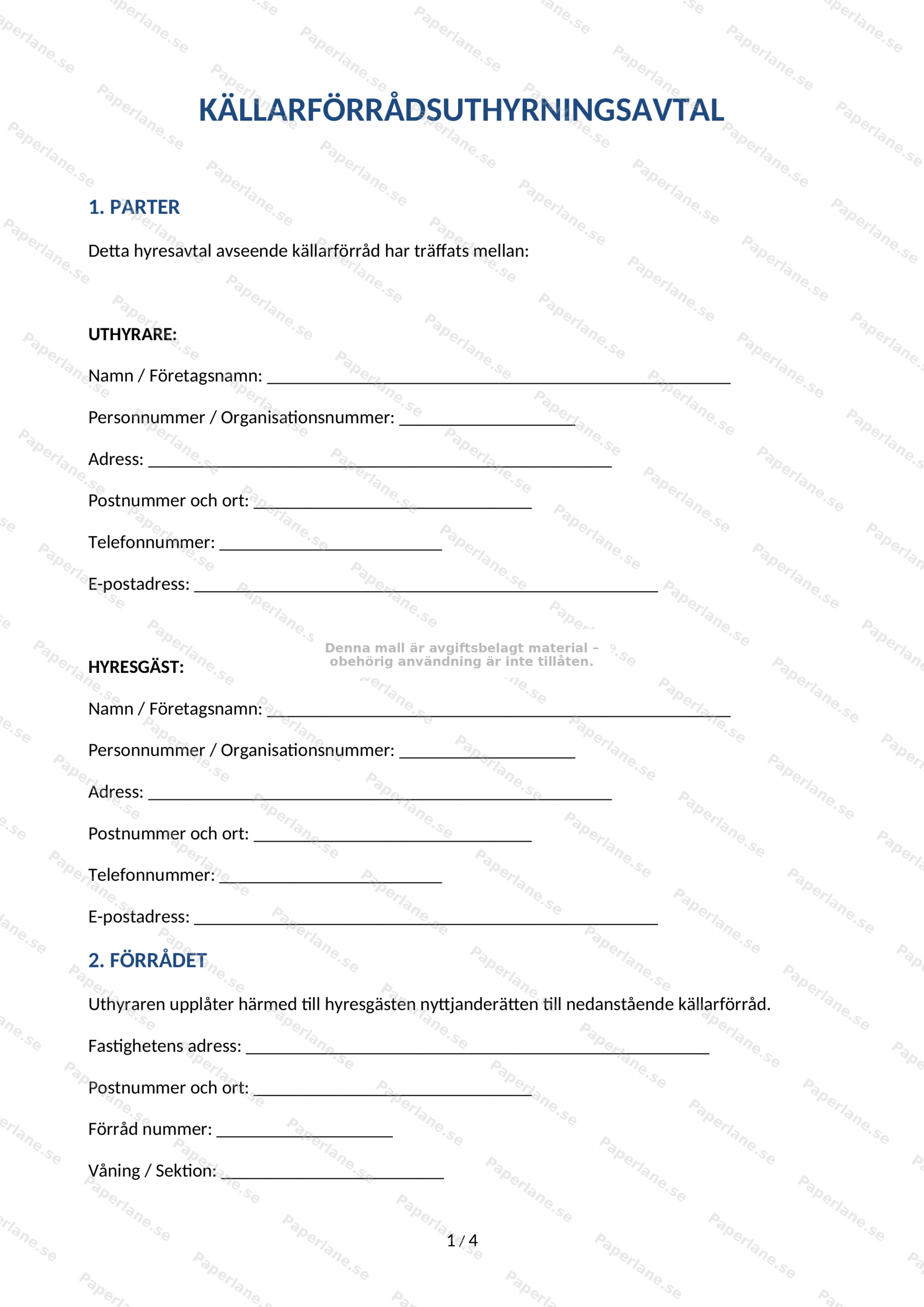 Första sidan av A4-uthyrningsavtal för källarförråd, formellt dokument med rubriker och text