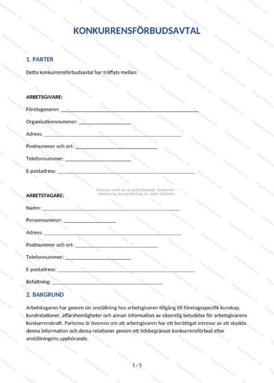 Första sidan av A4-dokument med rubrik Konkurrensförbudsavtal och löpande svensk avtalstext.