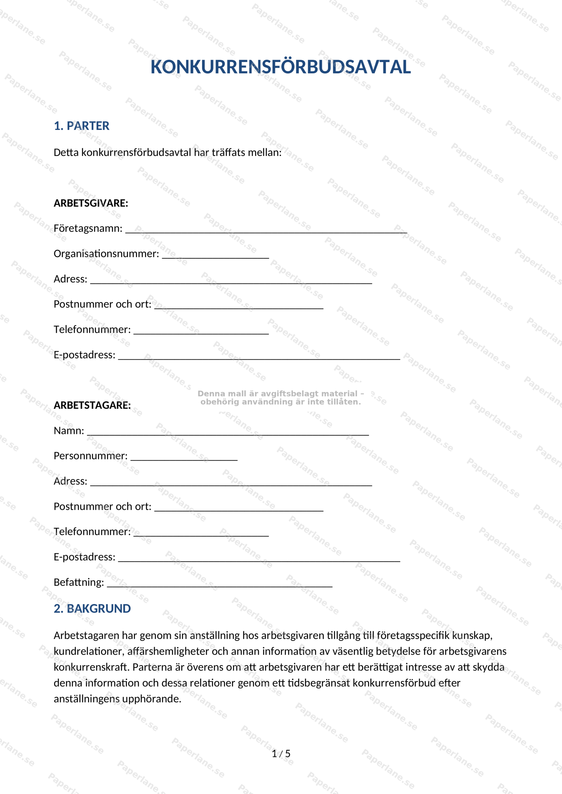 Första sidan av A4-dokument med rubrik Konkurrensförbudsavtal och löpande svensk avtalstext.