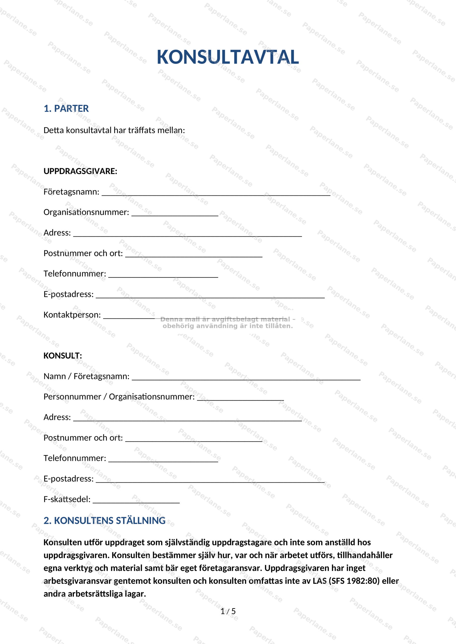Första sidan av ett konsultavtal i A4-format, utskrivet dokument med rubrik och avtalsvillkor