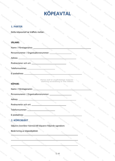 Första sidan av ett köpeavtal på A4 med text, rubriker och underskriftsfält