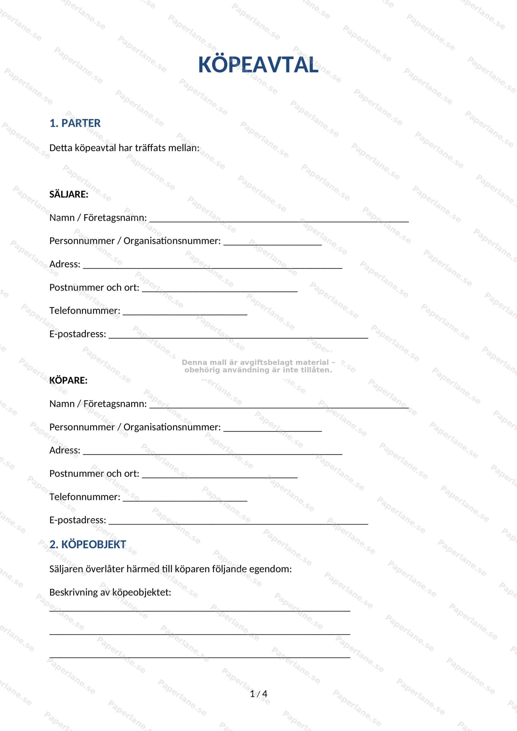 Första sidan av ett köpeavtal på A4 med text, rubriker och underskriftsfält