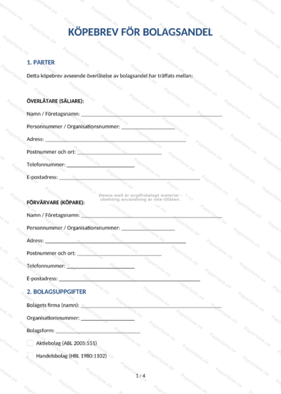 Första sidan av ett köpbrev för bolagsandel på A4, med text, datum och underskriftsfält
