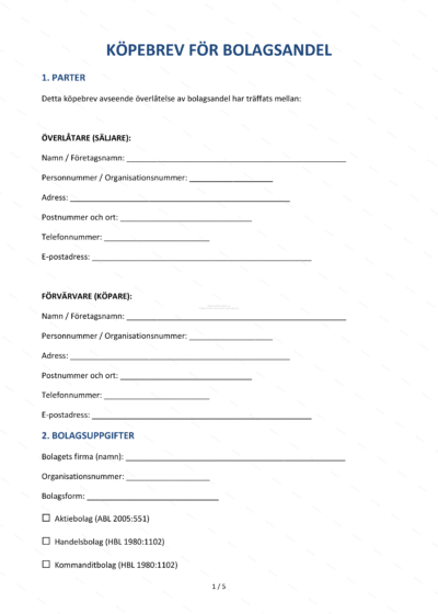 Första sidan av ett köpbrev för bolagsandel på A4, med text, datum och underskriftsfält