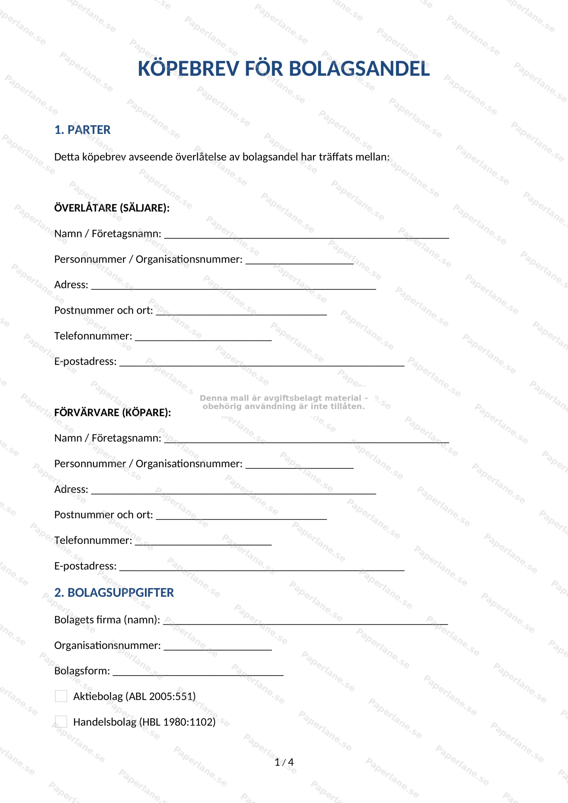 Första sidan av ett köpbrev för bolagsandel på A4, med text, datum och underskriftsfält