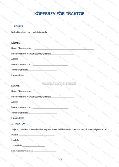 Skannad första sida av köpebrev för traktor (A4) med text och fält för namn, datum och signatur