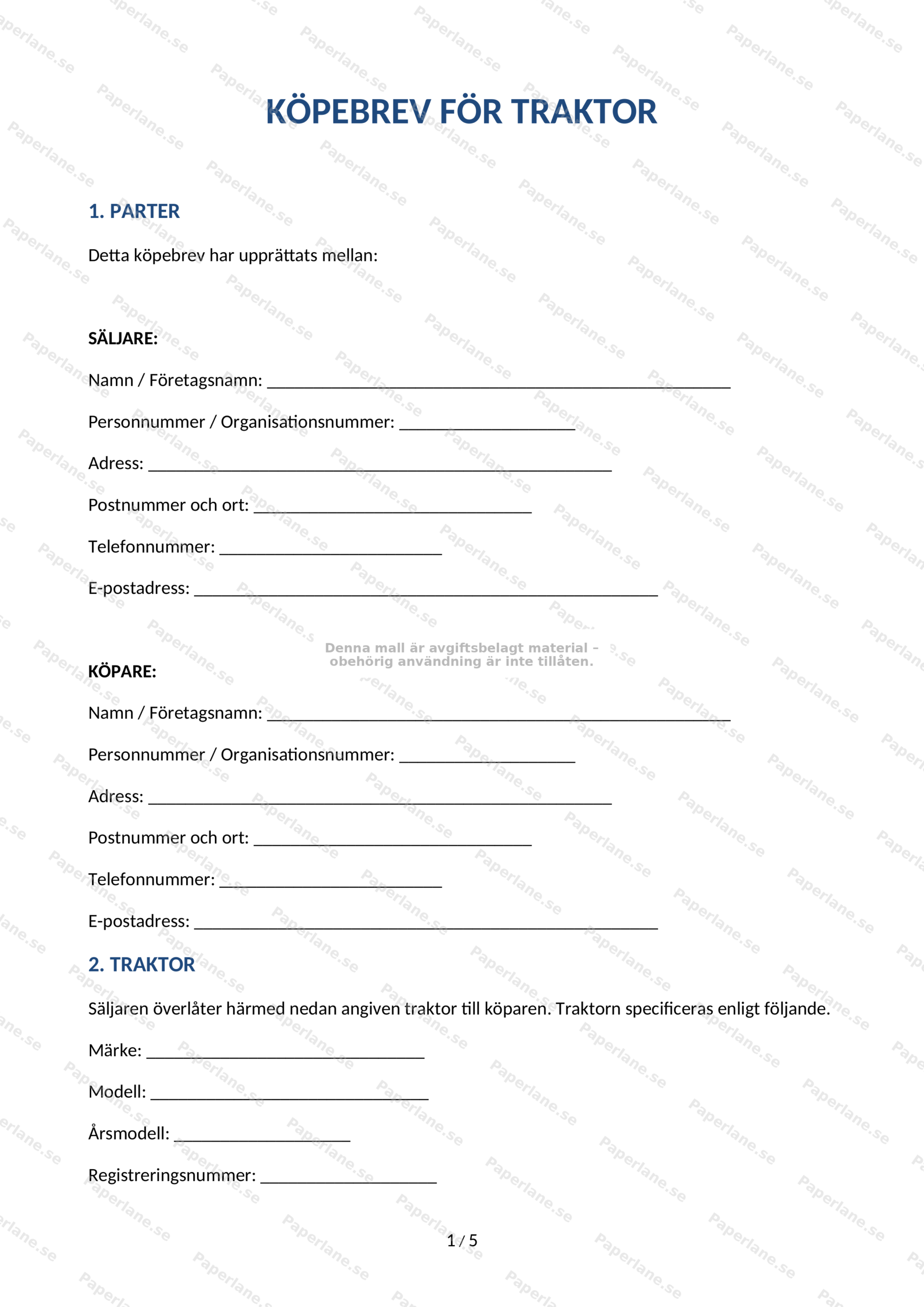 Skannad första sida av köpebrev för traktor (A4) med text och fält för namn, datum och signatur