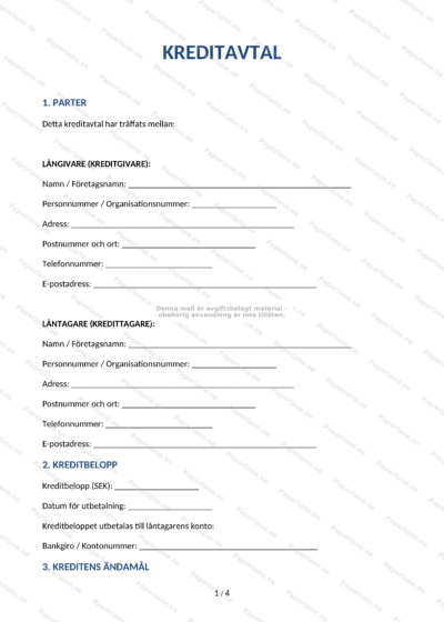 Första sidan av ett kreditavtal på A4-papper, tryckt text och underskriftsfält.