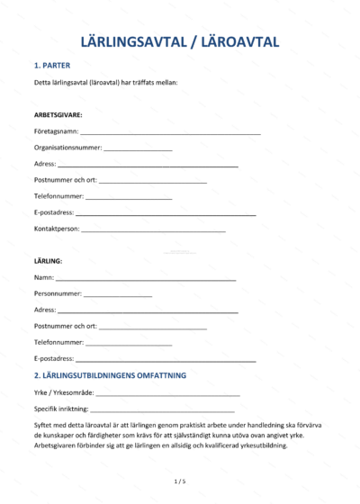 Första sidan av A4-läroavtal: formulär med textfält, underskriftsrutor och officiell layout