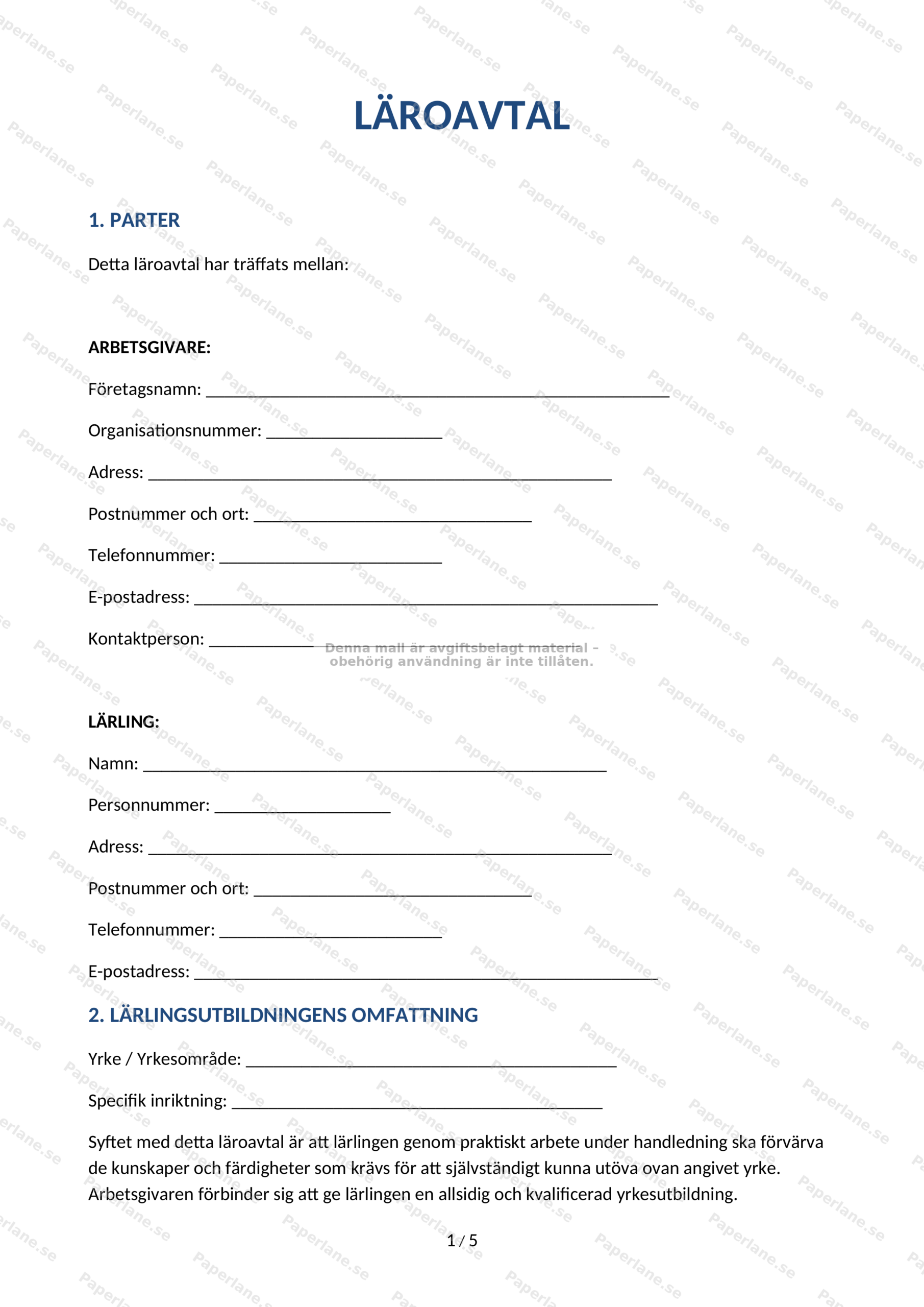 Första sidan av A4-läroavtal: formulär med textfält, underskriftsrutor och officiell layout