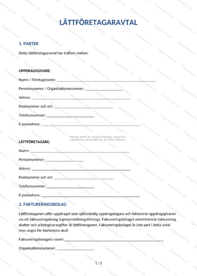 Första sidan av ett lättföretagaravtal i A4-format med rubriker, styckindelad text och underskriftsfält