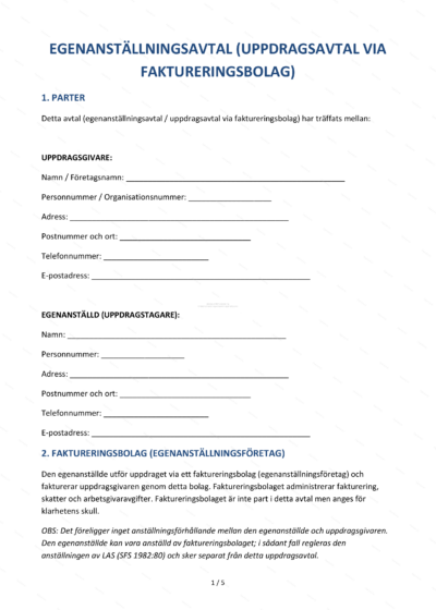 Första sidan av ett lättföretagaravtal i A4-format med rubriker, styckindelad text och underskriftsfält