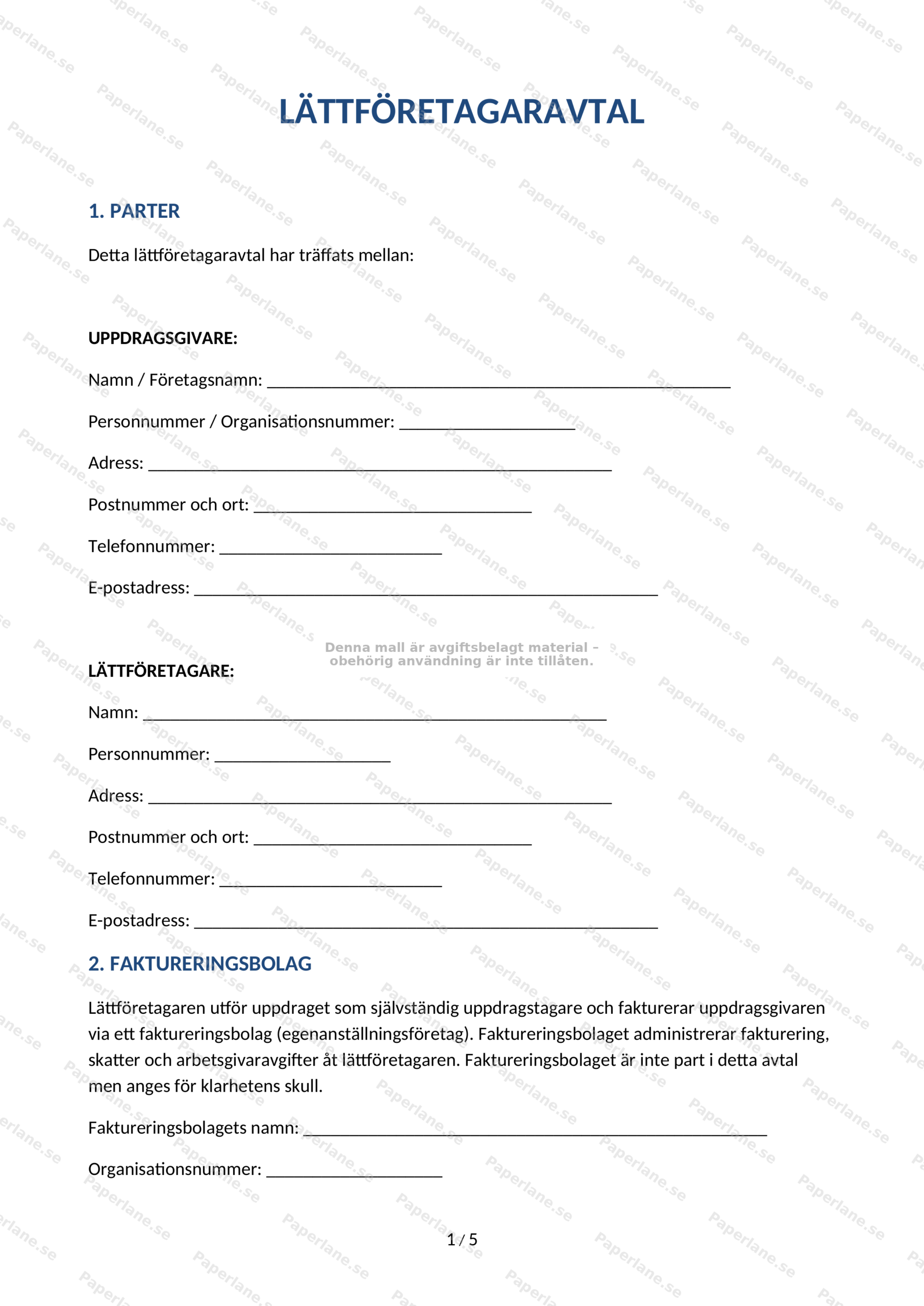 Första sidan av ett lättföretagaravtal i A4-format med rubriker, styckindelad text och underskriftsfält