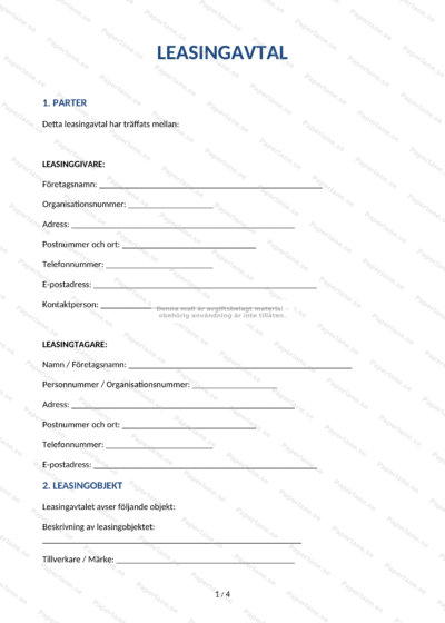 Första sidan av ett leasingavtal på A4, utskrivet dokument med text och underskriftsfält