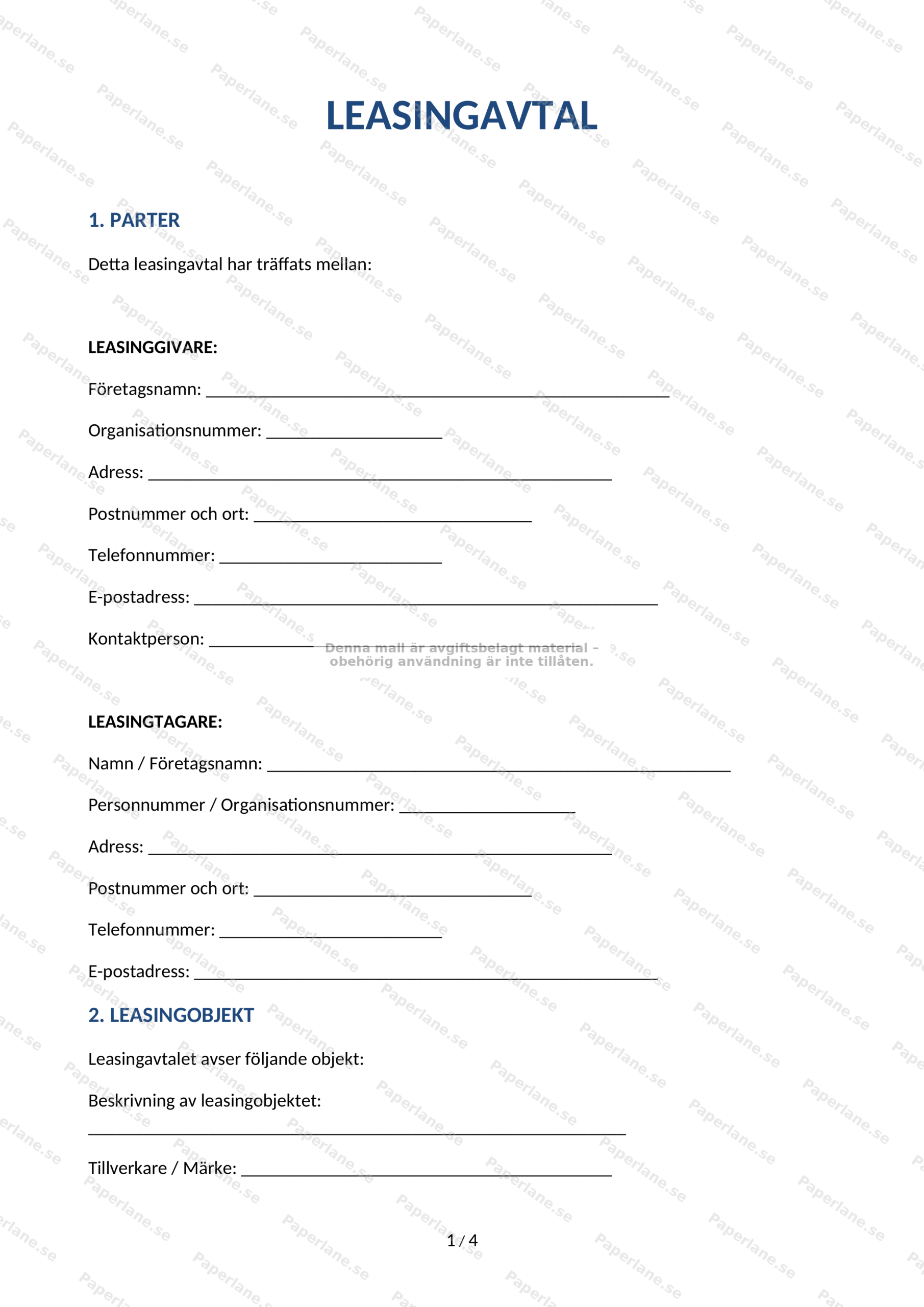 Första sidan av ett leasingavtal på A4, utskrivet dokument med text och underskriftsfält