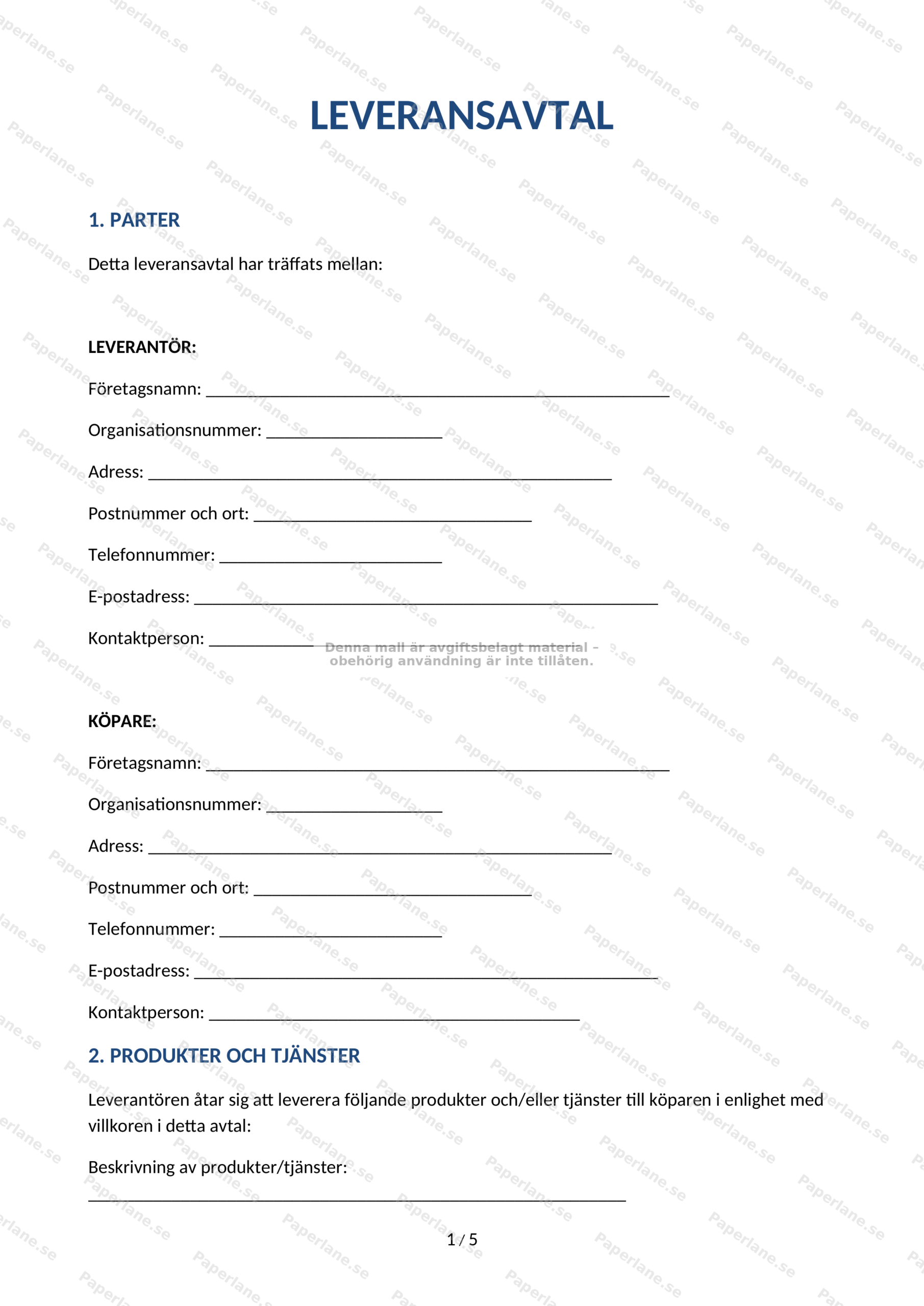 Första sidan av ett leveransavtal på A4 med rubrik och kontraktstext