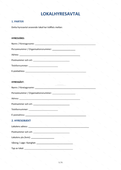 Första sidan av ett lokalhyresavtal på A4, utskrivet dokument med rubrik, paragrafer och underskriftsfält