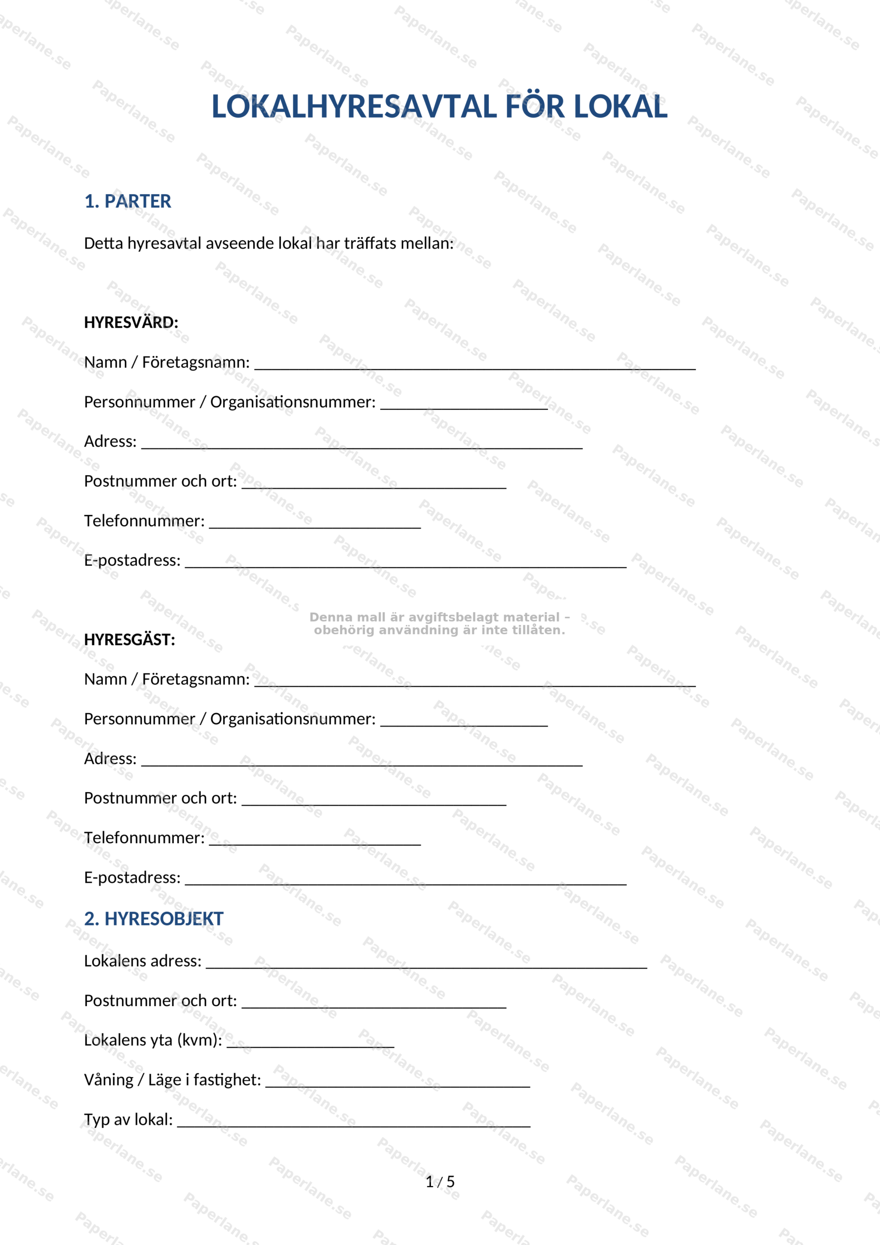 Första sidan av ett lokalhyresavtal på A4, utskrivet dokument med rubrik, paragrafer och underskriftsfält