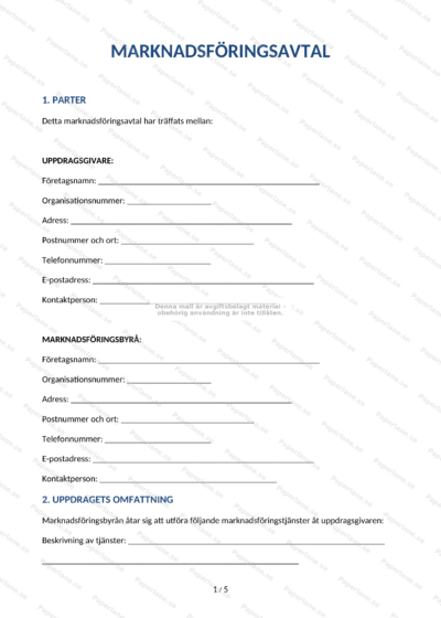 Första sidan av ett A4-marknadsföringsavtal, skannad sida med rubrik och löpande text