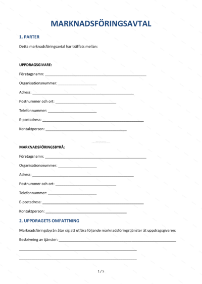 Första sidan av ett A4-marknadsföringsavtal, skannad sida med rubrik och löpande text