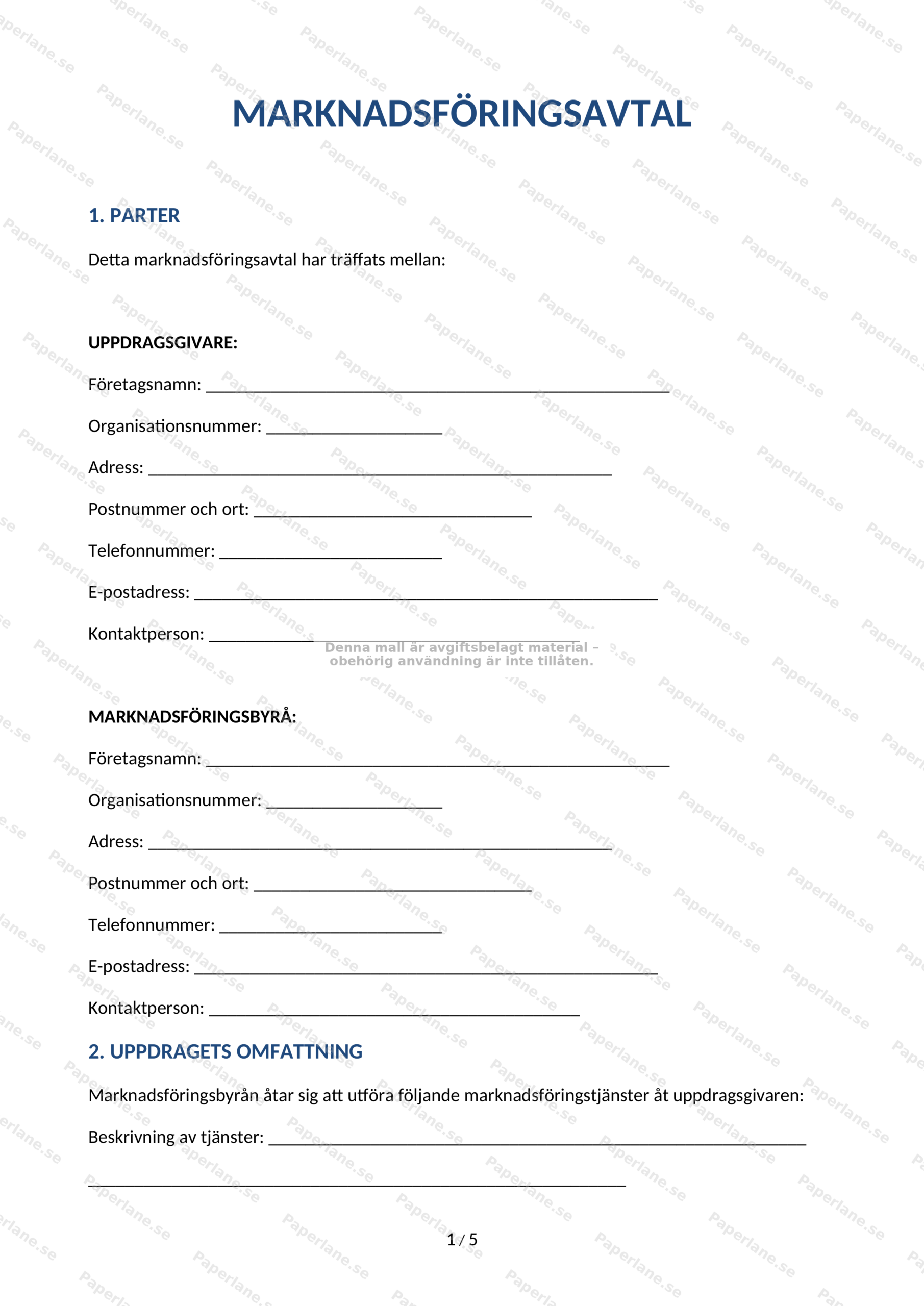 Första sidan av ett A4-marknadsföringsavtal, skannad sida med rubrik och löpande text