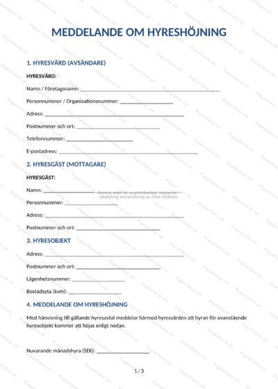 Meddelande om hyreshöjning på A4-sida, sida 1