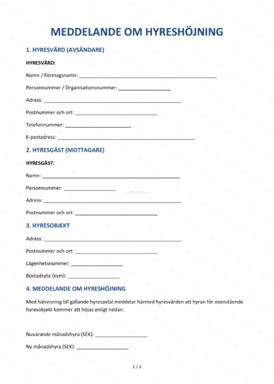 Meddelande om hyreshöjning på A4-sida, sida 1