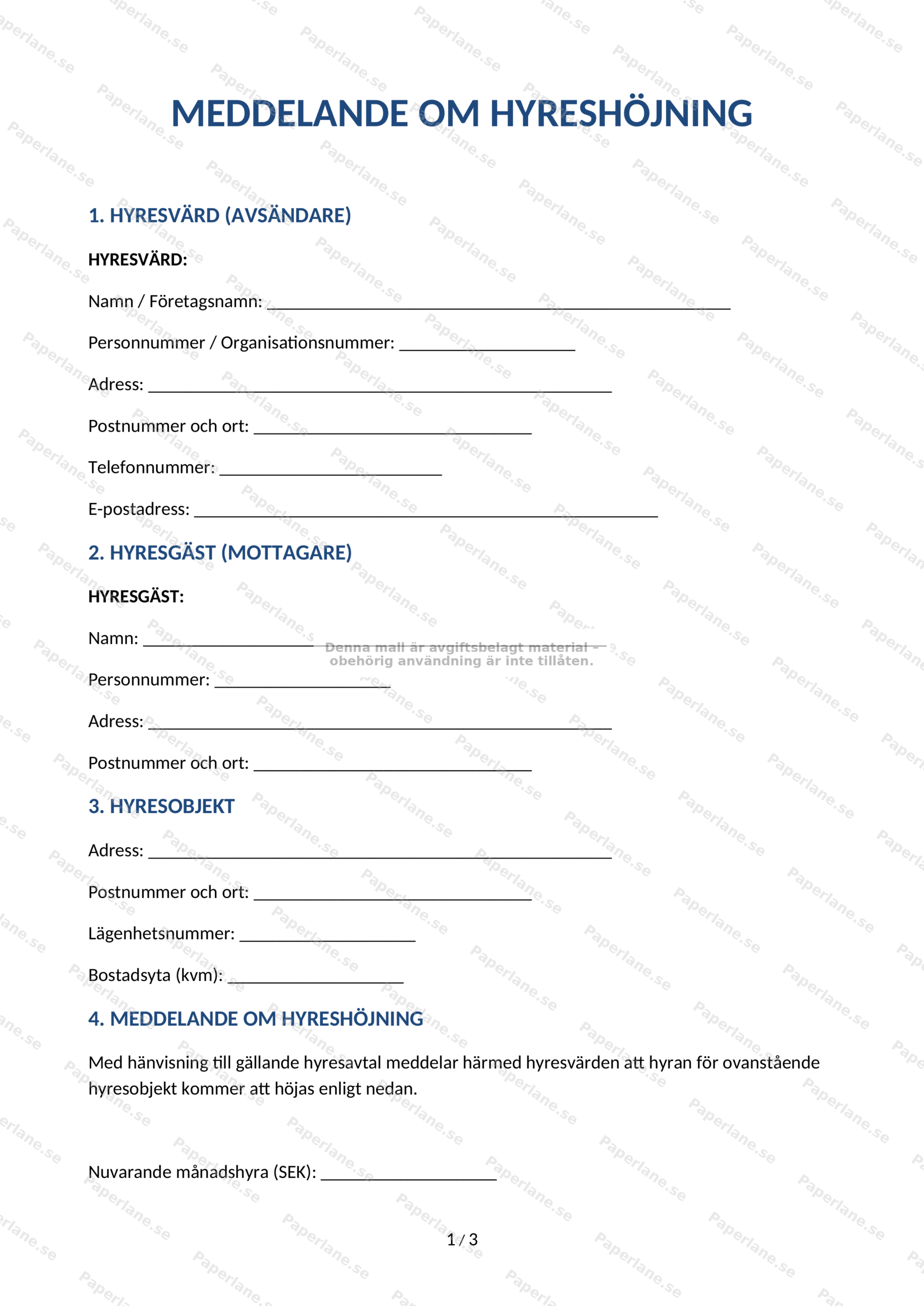 Meddelande om hyreshöjning på A4-sida, sida 1