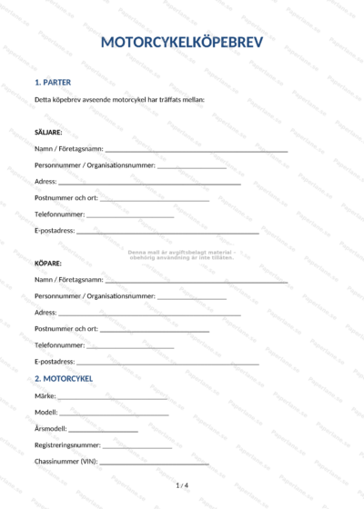 Första sidan av ett A4-köpebrev för motorcykel, skalad bild av ifyllt dokument med textfält och underskriftsrutor