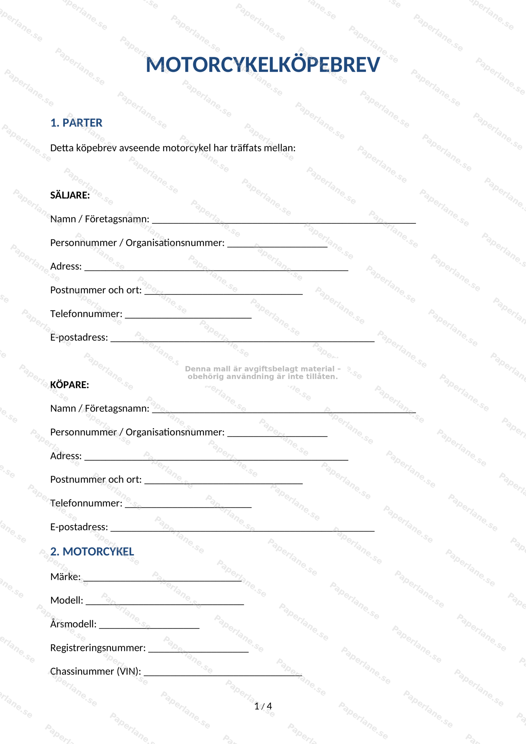 Första sidan av ett A4-köpebrev för motorcykel, skalad bild av ifyllt dokument med textfält och underskriftsrutor