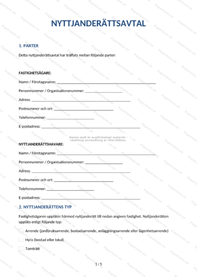 Första sidan av ett A4-nyttjanderättsavtal med rubrik och löpande text