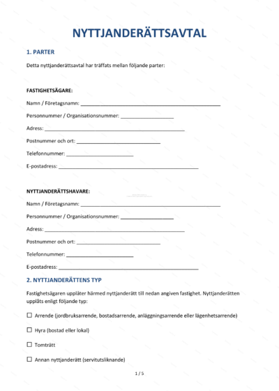 Första sidan av ett A4-nyttjanderättsavtal med rubrik och löpande text