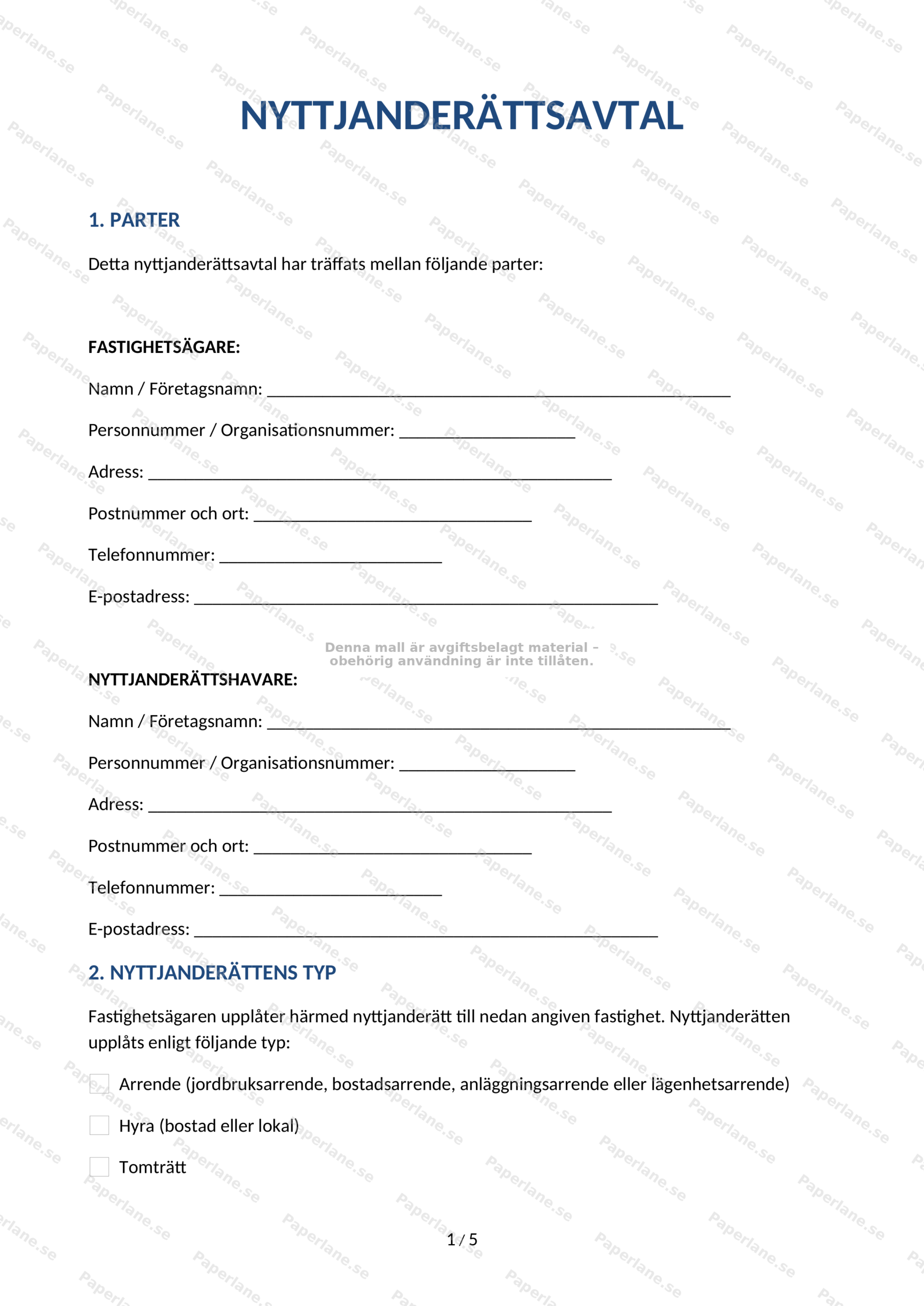 Första sidan av ett A4-nyttjanderättsavtal med rubrik och löpande text