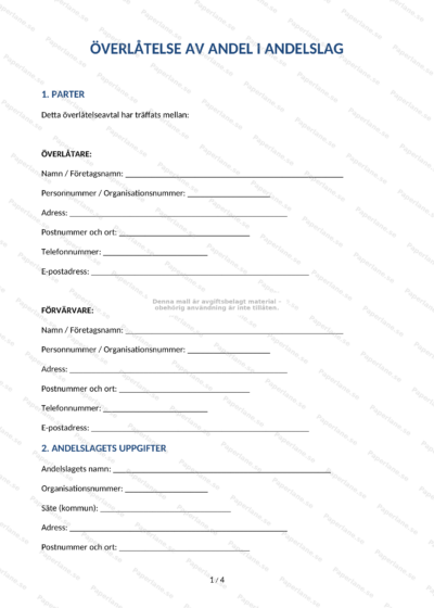 Första sidan av ett A4-formulär för överlåtelse av andel i andelslag