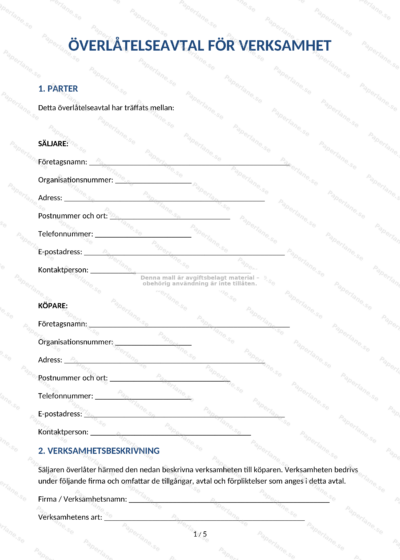 Första sidan av ett överlåtelseavtal för verksamhet, A4-dokument med rubriker och löpande text