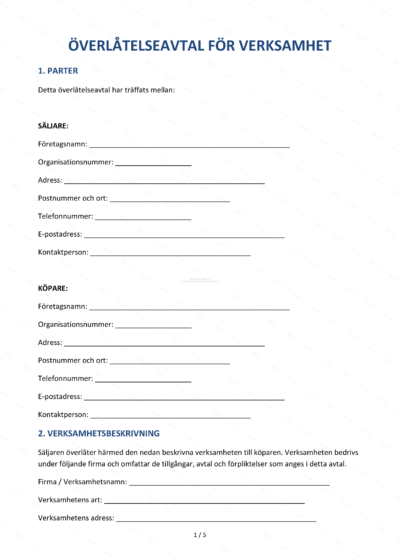 Första sidan av ett överlåtelseavtal för verksamhet, A4-dokument med rubriker och löpande text
