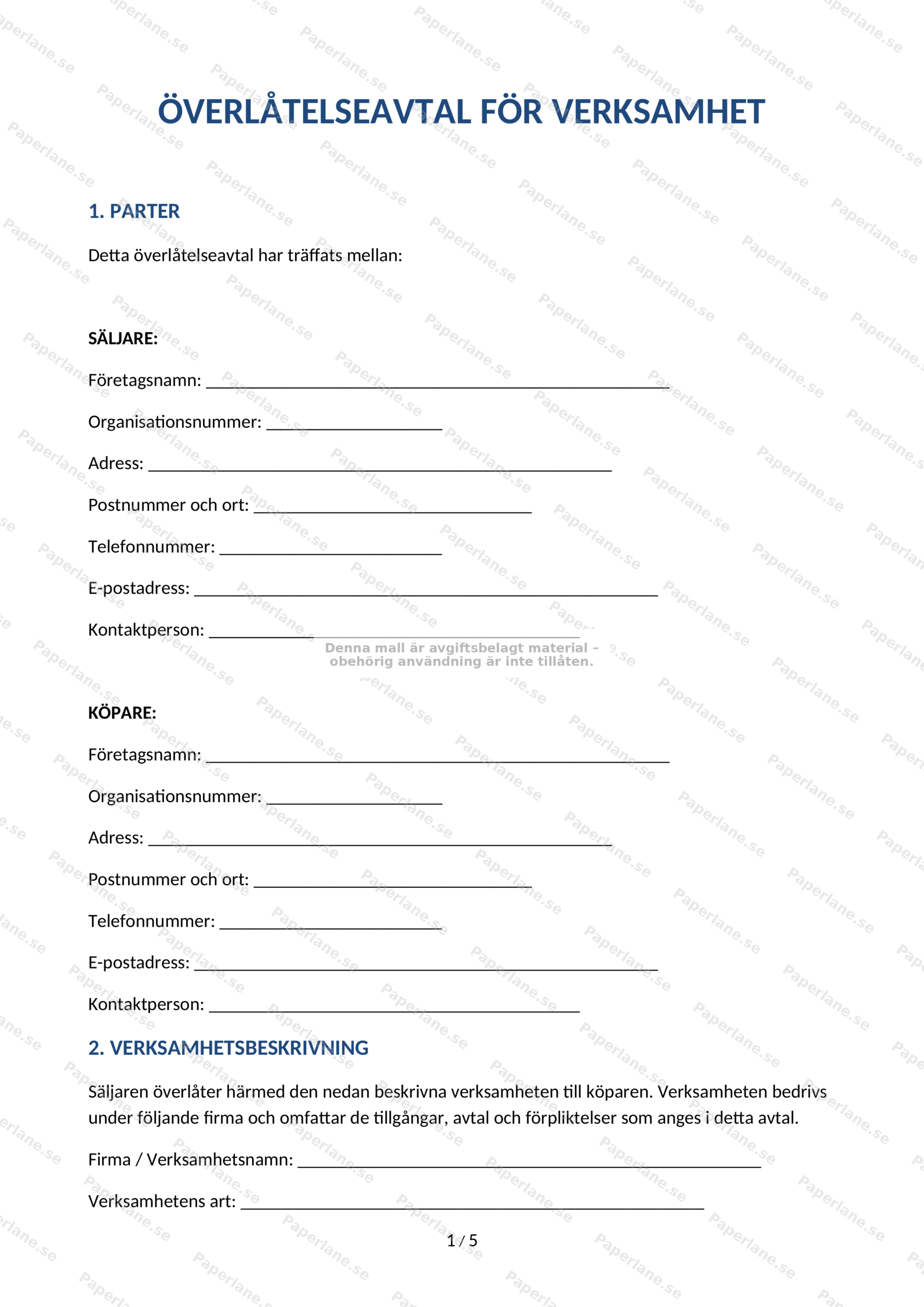 Första sidan av ett överlåtelseavtal för verksamhet, A4-dokument med rubriker och löpande text