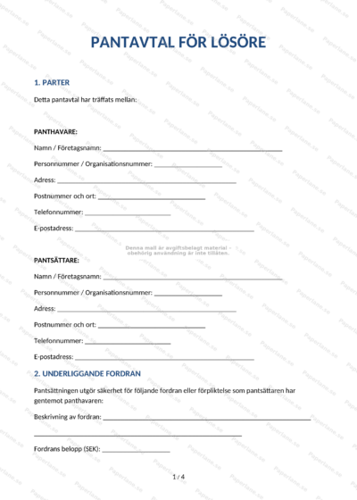 Första sidan av ett pantavtal för lösöre (A4) med text, rubrik och underskriftsfält